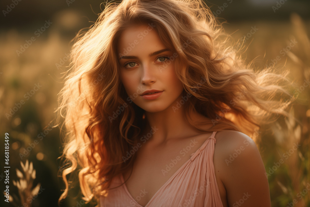 Sunset Portrait of Attractive Young Woman with Long Brown Hair