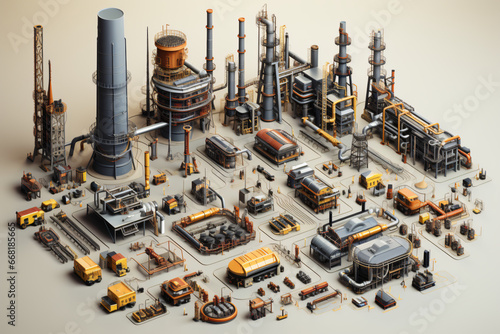 Vector isometric factory buildings and machinery set. Factory or plant buildings, equipment, pipes, chimney, tanks, crane, warehouse, industrial facilities. Isometric city map elements