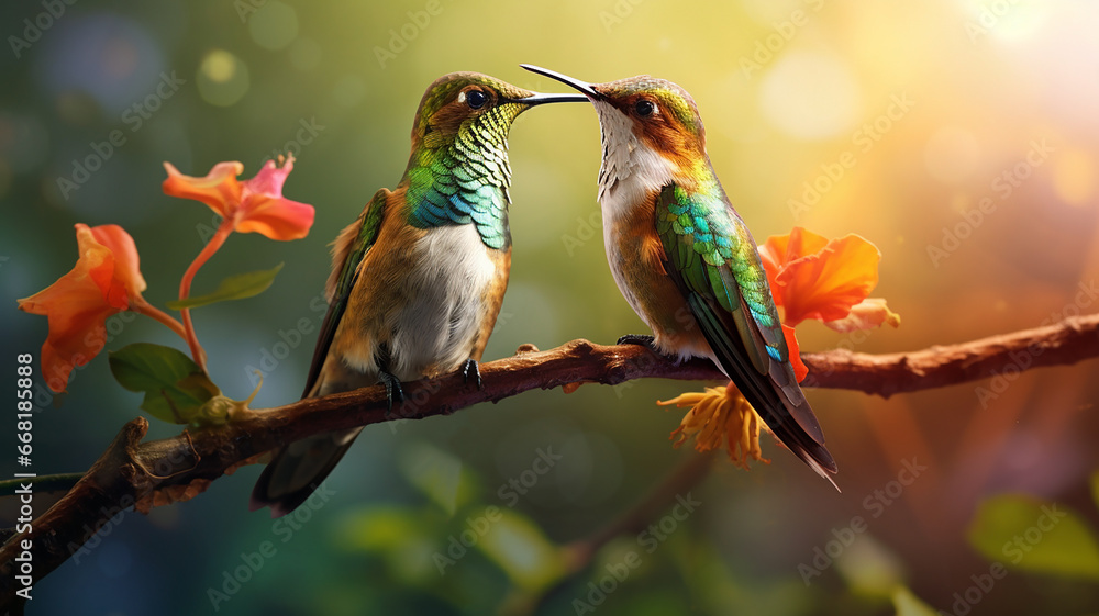 Fototapeta premium Two beautiful multicolored hummingbirds in love on a tree branch in the garden