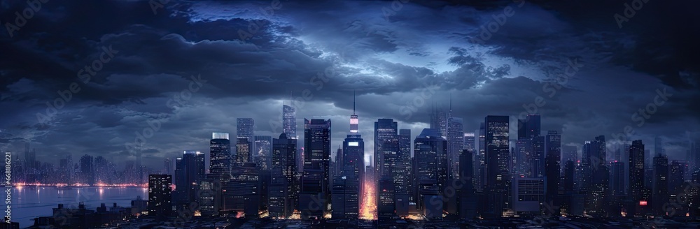 Fototapeta premium City of lights. Vibrant urban skyline at night. Metropolitan dreams. Glowing cityscape after dark. Evening elegance. Nighttime panorama