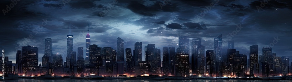 Naklejka premium City of lights. Vibrant urban skyline at night. Metropolitan dreams. Glowing cityscape after dark. Evening elegance. Nighttime panorama