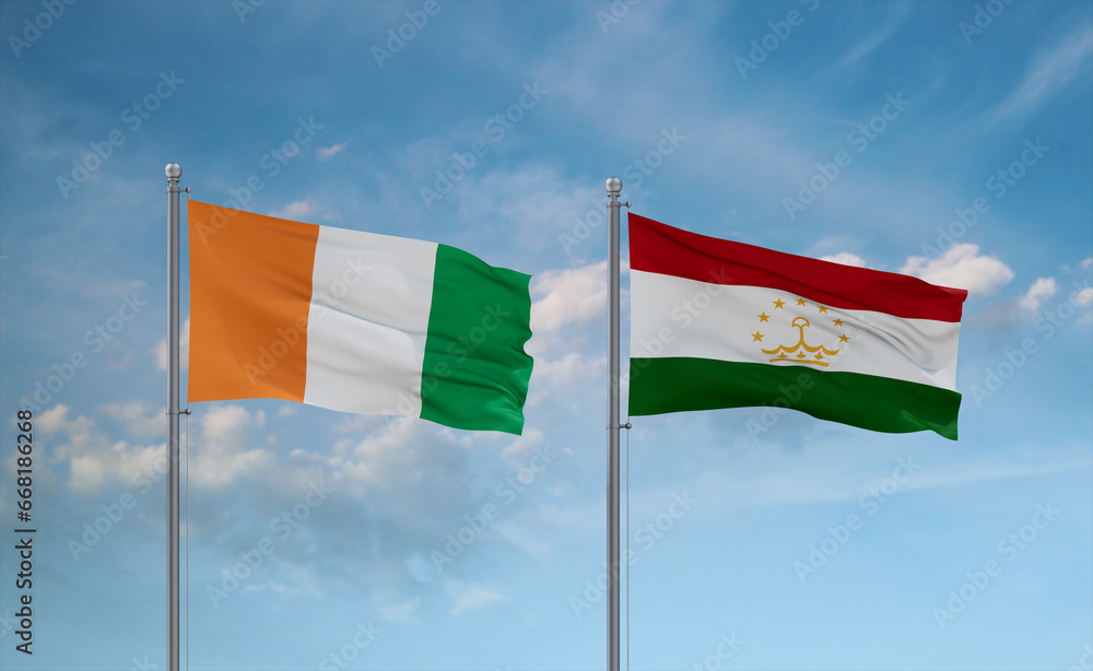 Tajikistan and Ivory Coast flags, country relationship concept