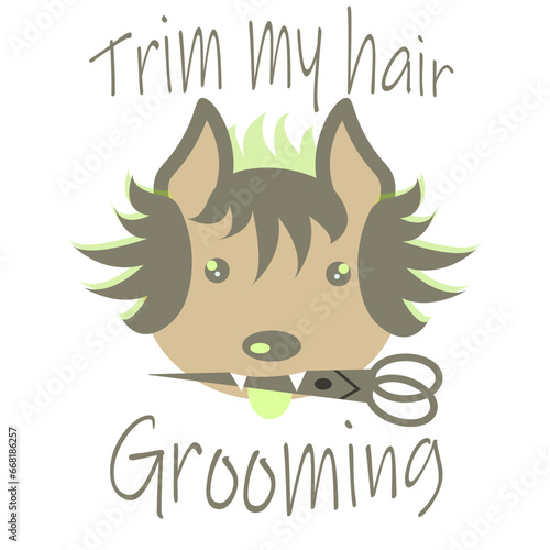 Logo with a dog, scissors in teeth and a suitable inscription for a grooming salon