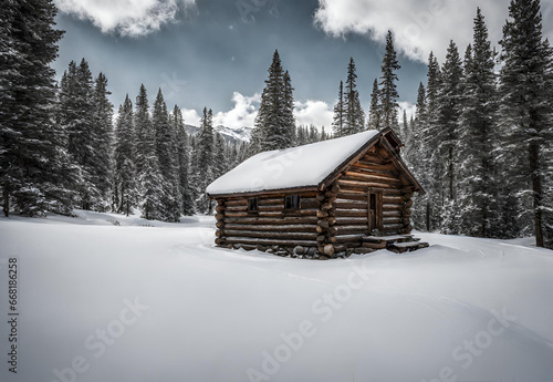 Lonely cabin in the Rocky Mountains surrounded by pine trees and snow.