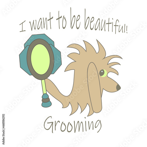 Logo with a dog and a mirror and a suitable inscription for a grooming salon