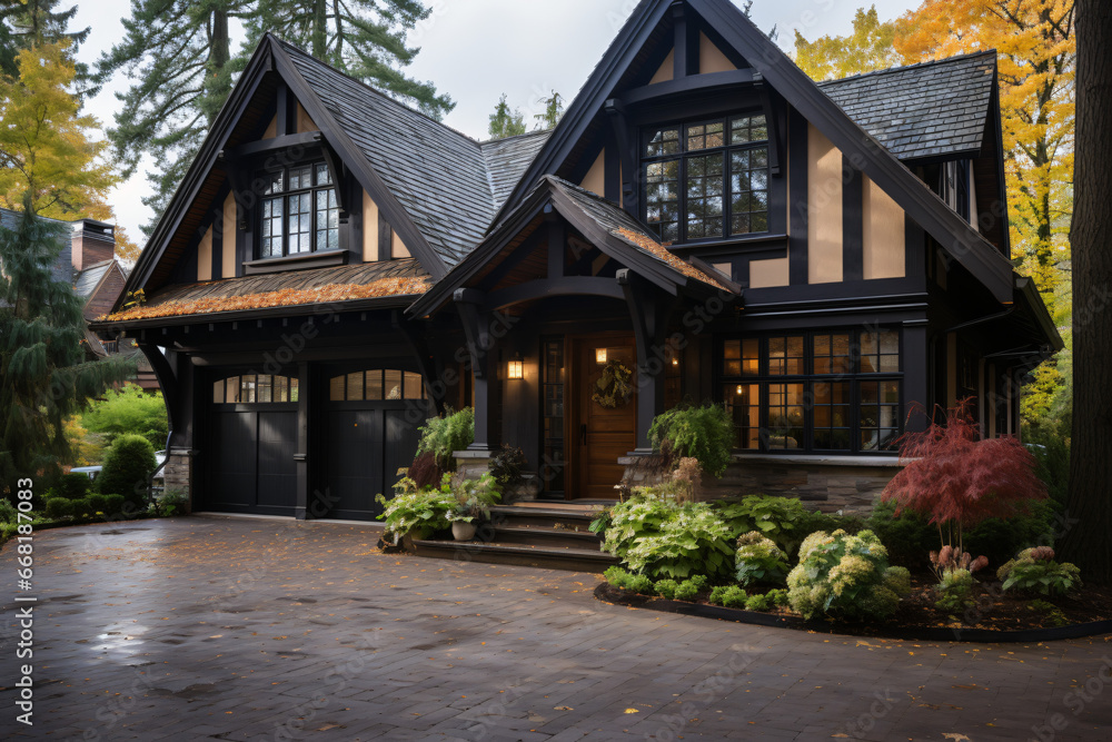 Tudor style family house exterior with gable roof and timber framing. Wooden garage doors in home cottage. 