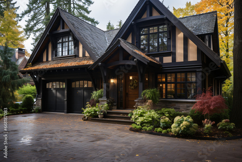 Tudor style family house exterior with gable roof and timber framing. Wooden garage doors in home cottage.  © HejPrint