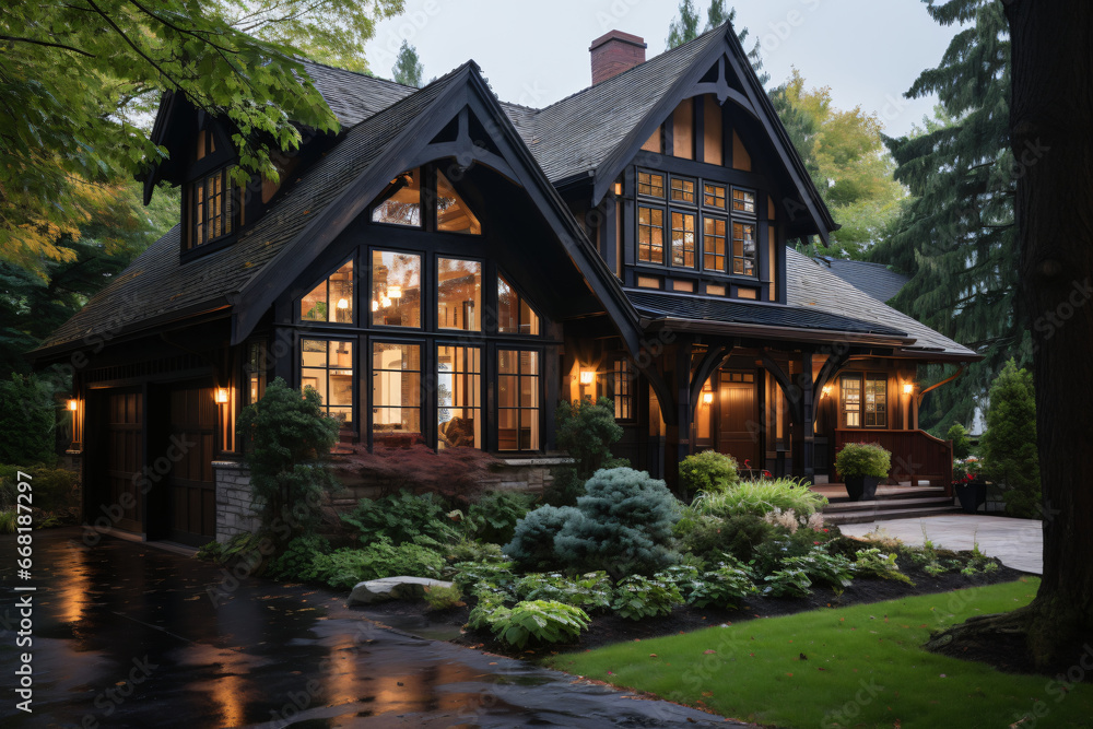 Tudor style family house exterior with gable roof and timber framing. Wooden garage doors in home cottage. Tudor style family house exterior with gable roof and timber framing. Wooden garage doors in home cottage.