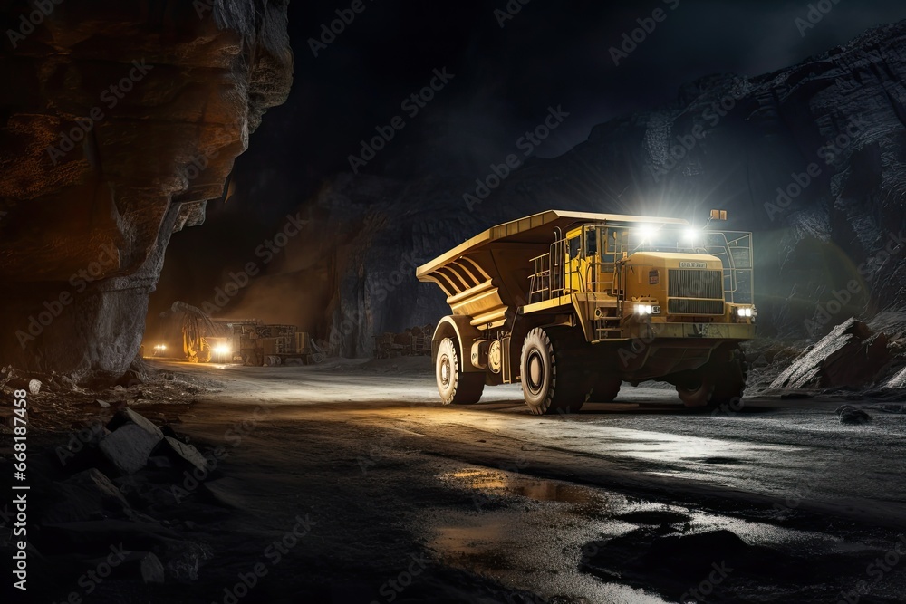Large mining trucks work the night shift. Several huge quarry trucks carry the rock for beneficiation and processing. Several heavy trucks drive through an underground mine tunnel. Large mining trucks work the night shift. Several huge quarry trucks carry the rock for beneficiation and processing. Several heavy trucks drive through an underground mine tunnel.