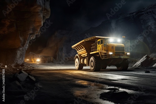 Large mining trucks work the night shift. Several huge quarry trucks carry the rock for beneficiation and processing. Several heavy trucks drive through an underground mine tunnel.