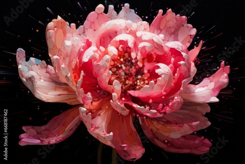 An abstract pixelated representation of a pixelated peony, with layers of pixelated petals in rich, velvety shades of pink and red.