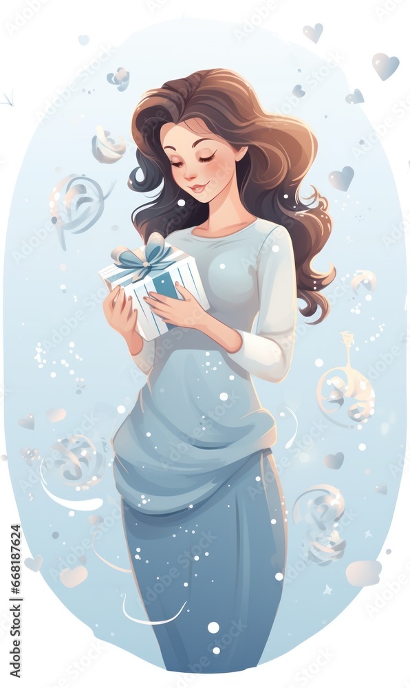 Pregnant Woman with Gift, Celebrating Pregnancy in Pastel Party Atmosphere Pregnant Woman with Gift, Celebrating Pregnancy in Pastel Party Atmosphere