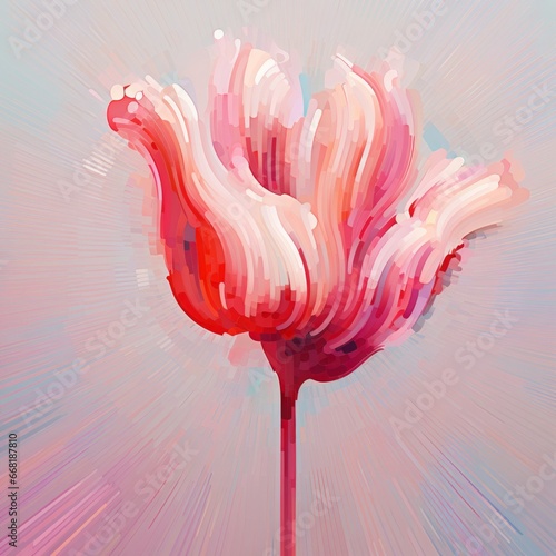 A pixelated digital illusion of an abstract pixelated tulip, with pixelated petals in varying shades of pink and red, arranged in a dynamic, swirling pattern. © Oleksandr
