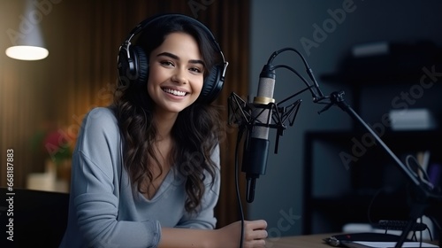 Happy young woman record a podcast with headphones and microphone for live streaming at home studio.