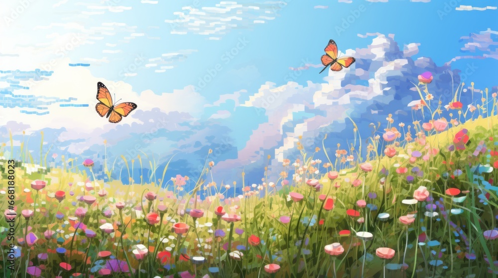 A pixelated mosaic of a serene meadow with pixelated wildflowers and pixelated butterflies. A pixelated mosaic of a serene meadow with pixelated wildflowers and pixelated butterflies.