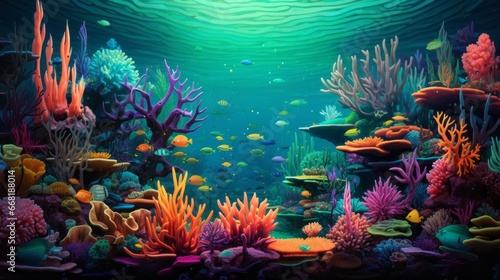 A pixelated digital illusion of a surreal underwater world with pixelated coral reefs and pixelated marine life.