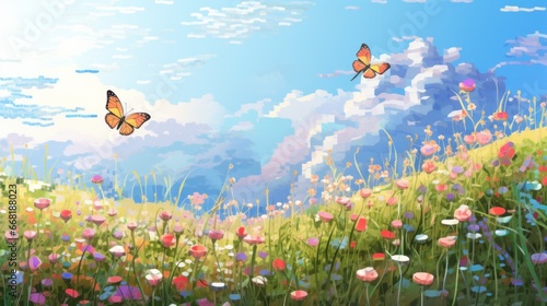 A pixelated mosaic of a serene meadow with pixelated wildflowers and pixelated butterflies. © Oleksandr