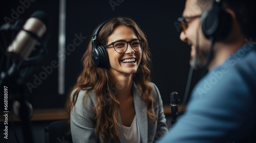 Happy female record a podcast with headphones smiling and looking on male guest while interviewing for online show in studio.