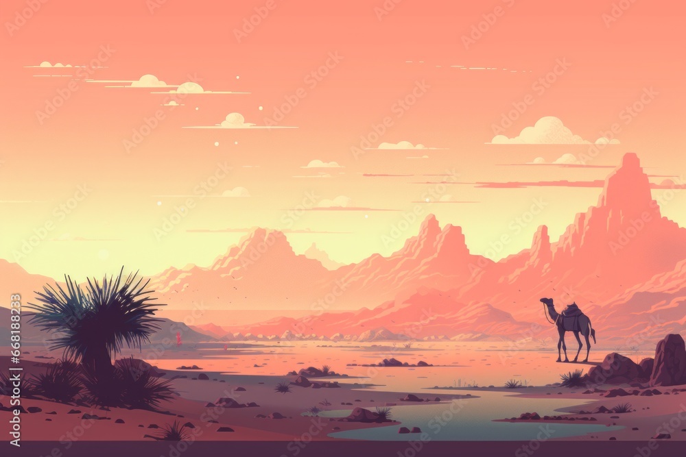 A pixelated rendition of a serene desert landscape with pixelated camels and dunes.