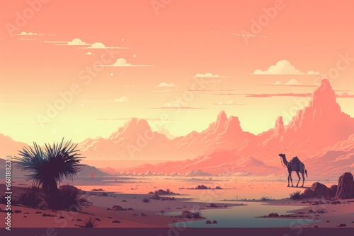 A pixelated rendition of a serene desert landscape with pixelated camels and dunes. © Oleksandr