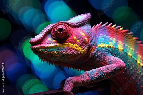 A pixelated digital illusion of a curious chameleon  its color-changing skin depicted with shifting pixels.