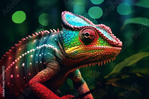 A pixelated digital illusion of a curious chameleon, its color-changing skin depicted with shifting pixels. © Oleksandr
