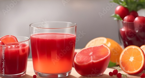 Red Juice filled in the glass on table, group of mixed fruits, text space with bokeh lights background