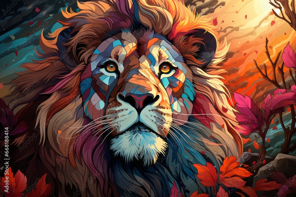 A pixelated digital illusion of a majestic lion, its mane composed of shimmering, multicolored pixels.