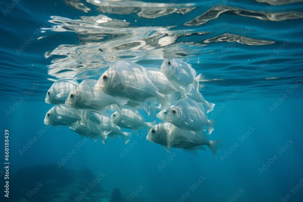 Fototapeta premium A plastic bag figure of a school of fish in crystal-clear waters, highlighting the consequences of plastic waste on aquatic life.
