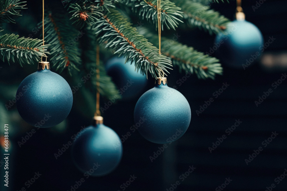Blue Christmas balls hanging on a branch of a Christmas tree. Christmas background.