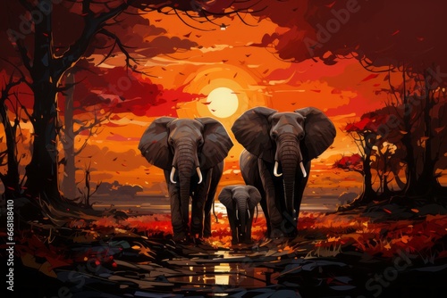 A pixelated mosaic of a family of elephants, their wrinkled skin portrayed with pixel art.