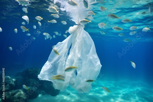 A plastic bag figure of a school of fish in crystal-clear waters, highlighting the consequences of plastic waste on aquatic life.