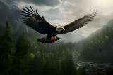 Realistic photo of an eagle over the forest. High-resolution