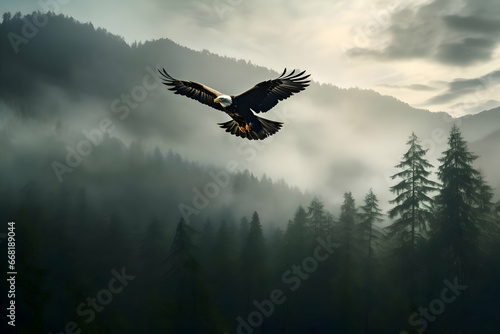 Photo of an eagle over the forest in mist. High quality