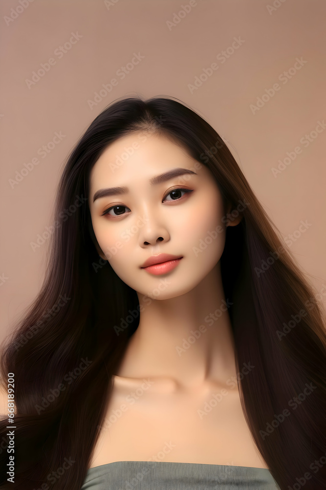 Naklejka premium Young Asian beauty woman model with long hair with Korean makeup on beige background. High quality
