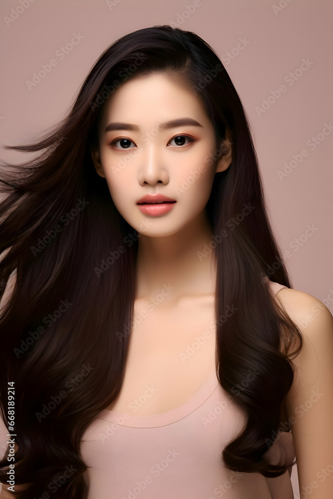 Young Asian beauty woman model with long hair with Korean makeup on a beige background. High quality Young Asian beauty woman model with long hair with Korean makeup on a beige background. High quality