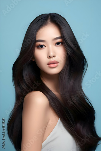 Young Asian beauty woman model with long hair with Korean makeup on a blue background. High quality