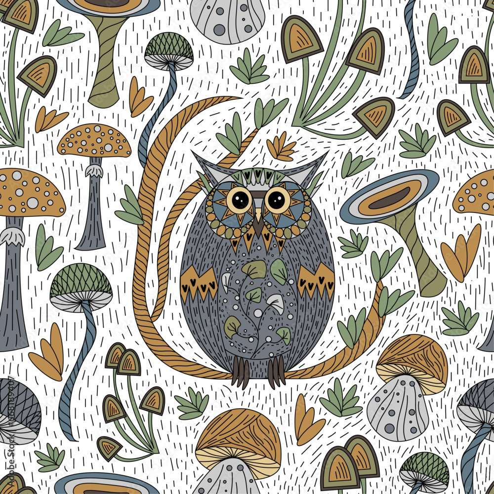 Obraz premium Seamless pattern of cute owl or cat with mushrooms on a white background. Use for interior surfaces, fabrics, furniture, stationery, clothing.