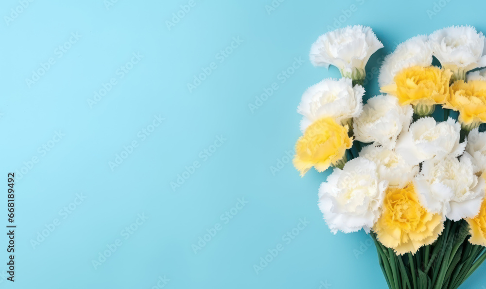 Close-up of yellow and white carnations, representing love and fascination, beautifully juxtaposed. Close-up of yellow and white carnations, representing love and fascination, beautifully juxtaposed.