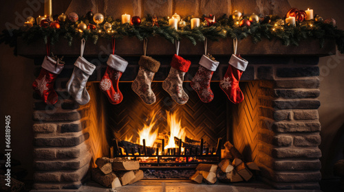 Christmas and New Year holidays background with fireplace and christmas stocking.