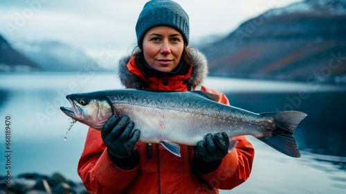 A woman is posing with a large atlantic salmon in her hands. AI Generated photo