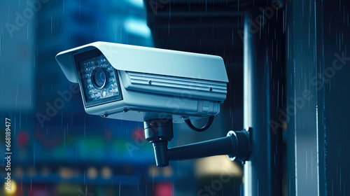 Outdoor CCTV camera at night close-up. Video surveillance concept.