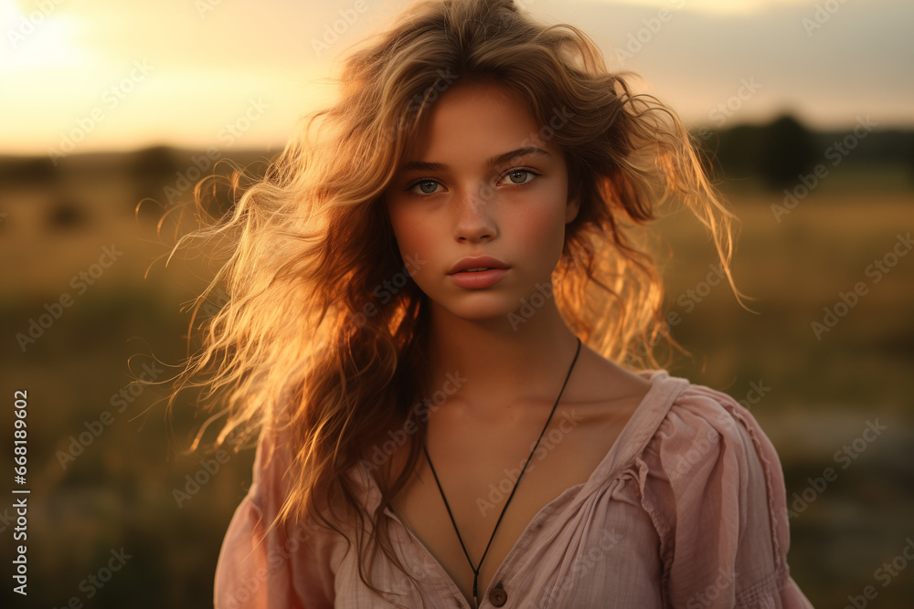 Confident Young Woman with Brown Curly Hair Enjoying a Beautiful Sunset