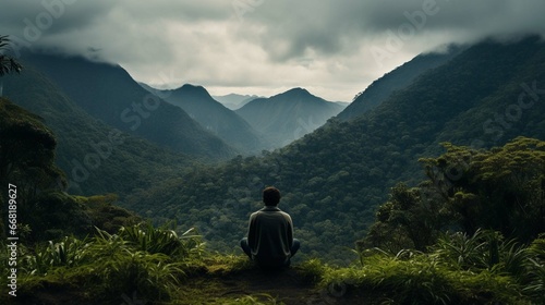 Back view of a sitting man observing the hills covered with rainforest, low clouds