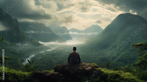 Back view of a sitting man observing the hills covered with rainforest, low clouds