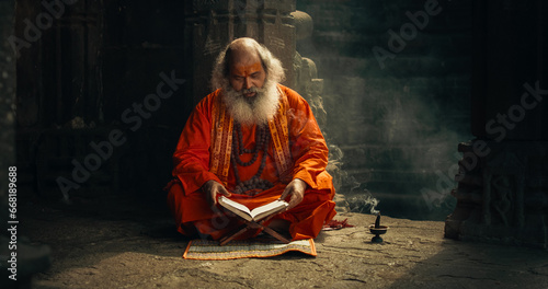 Tableau sur toile Portrait of Old Indian Monk Reading a Book in an Ancient Temple