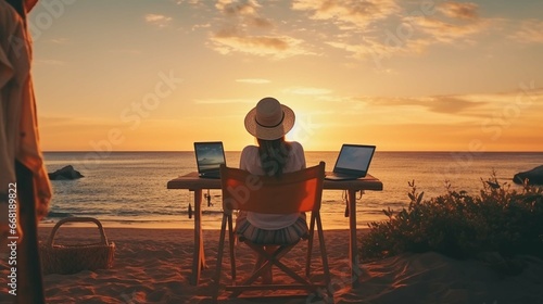 Freelance female hands working with laptop on wooden table on beach at sunset. Woman sitting on chair and using computer near blue sea shore at sunny day.