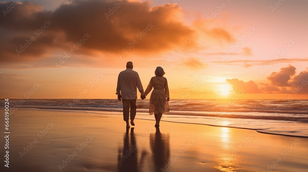 Plan life insurance of happy retirement concepts. Senior couple walking on the beach holding hands at beach sunrise