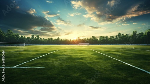 Soccer field with grass and sunset.