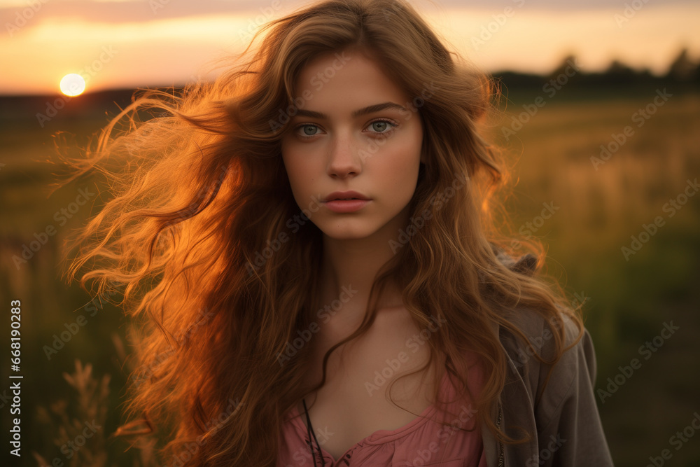 Naklejka premium Serious Redhead Teenager Against Beautiful Sunset Sky